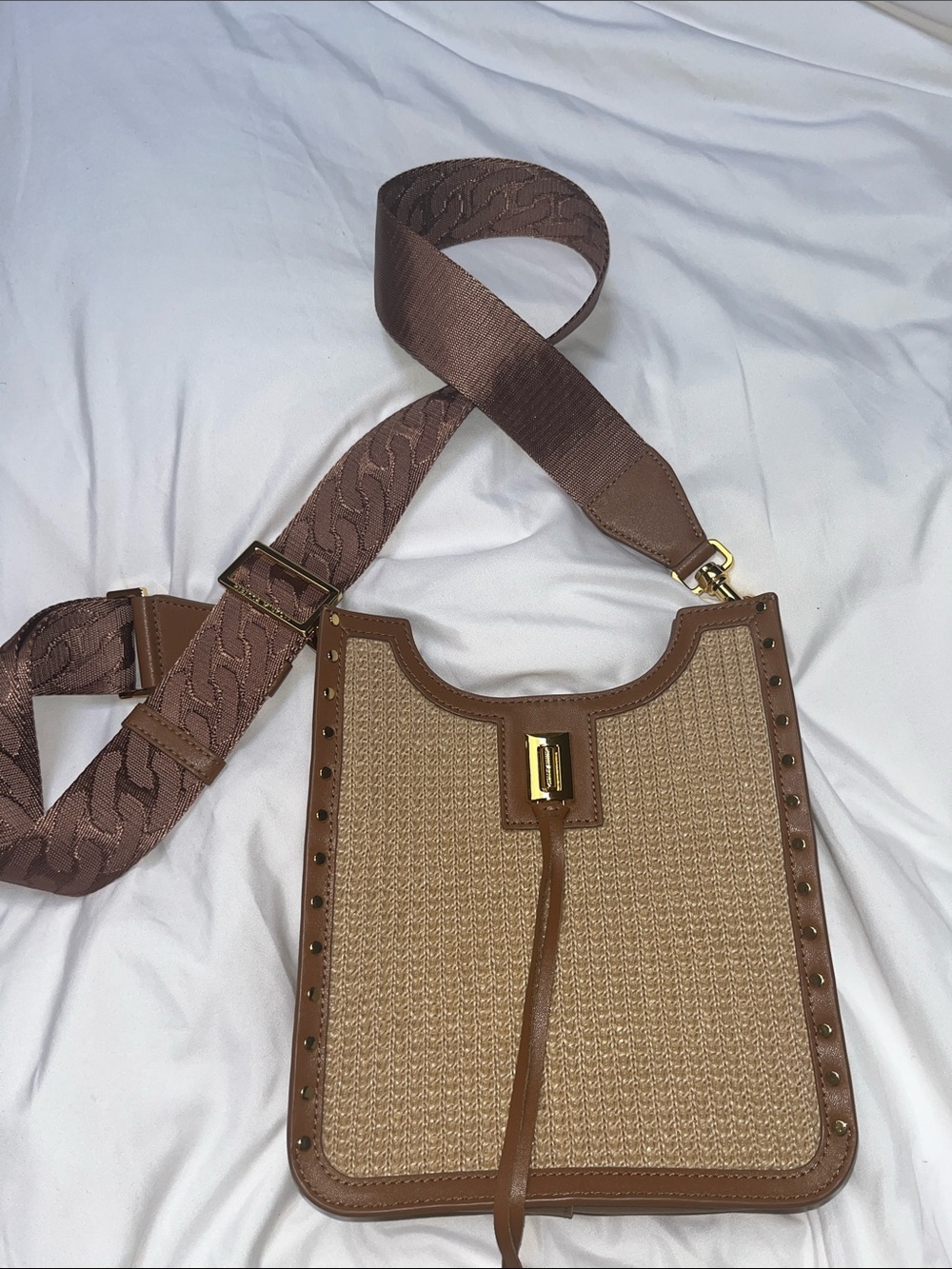 Rebecca Minkoff Brown Raffia-Style Crossbody with Wide Strap